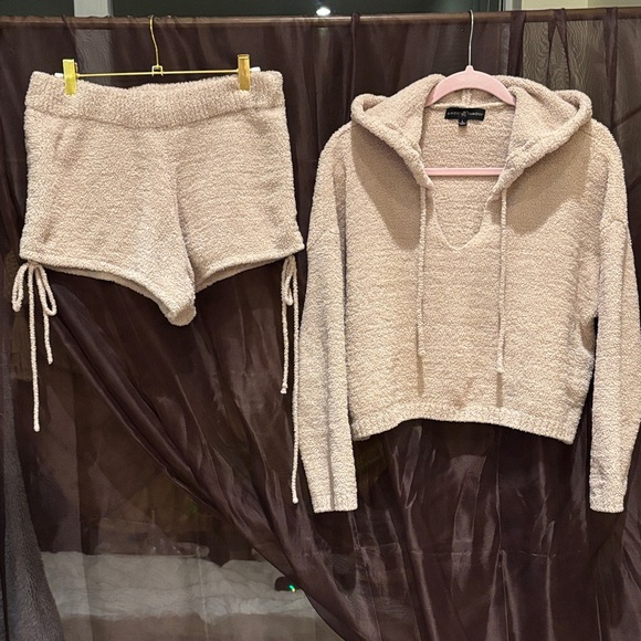 Almost Famous Beige Knit Hoodie and Shorts Set - Picture 1 of 6